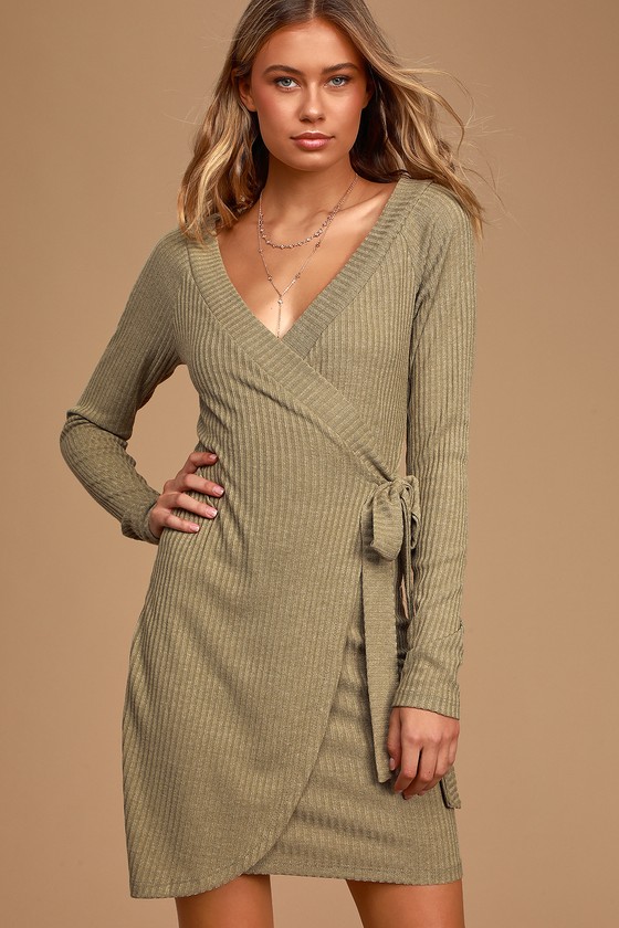 Chic Olive Green Dress - Ribbed Knit ...